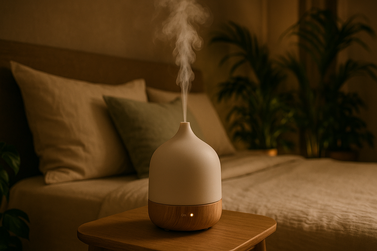 create a photo of a bed with a diffuser next to the bed table create a dark warm environtamne wiht colors beige and cream and light green wiht smoke visible exiting the diffuser and few plants in the background 