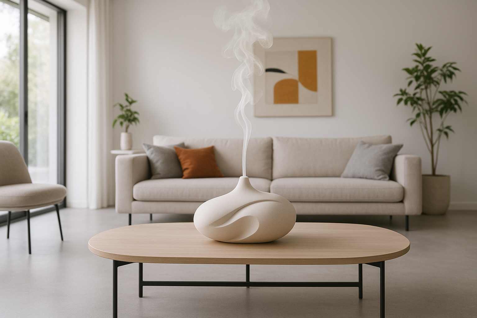 Create a photo of a living room, modern, minimalistic, with a bit of color and a diffuser that is emitting smoke the difuser should be the main piece gve me a wider shot showing the whole living space and change the diffuser make the diffuser more unique
