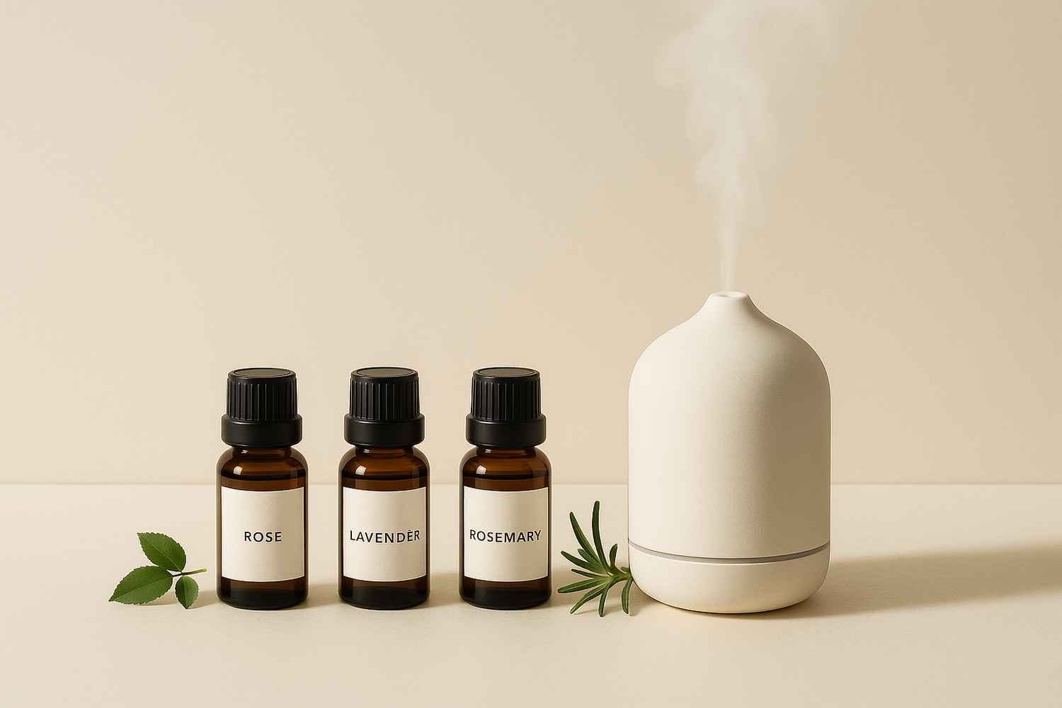 create a photo of essential oils bottles like rose lavender rosemary with a diffuser emmiting smoke it should look minimalistic and main colors should be cream and beige wiht hints of green 